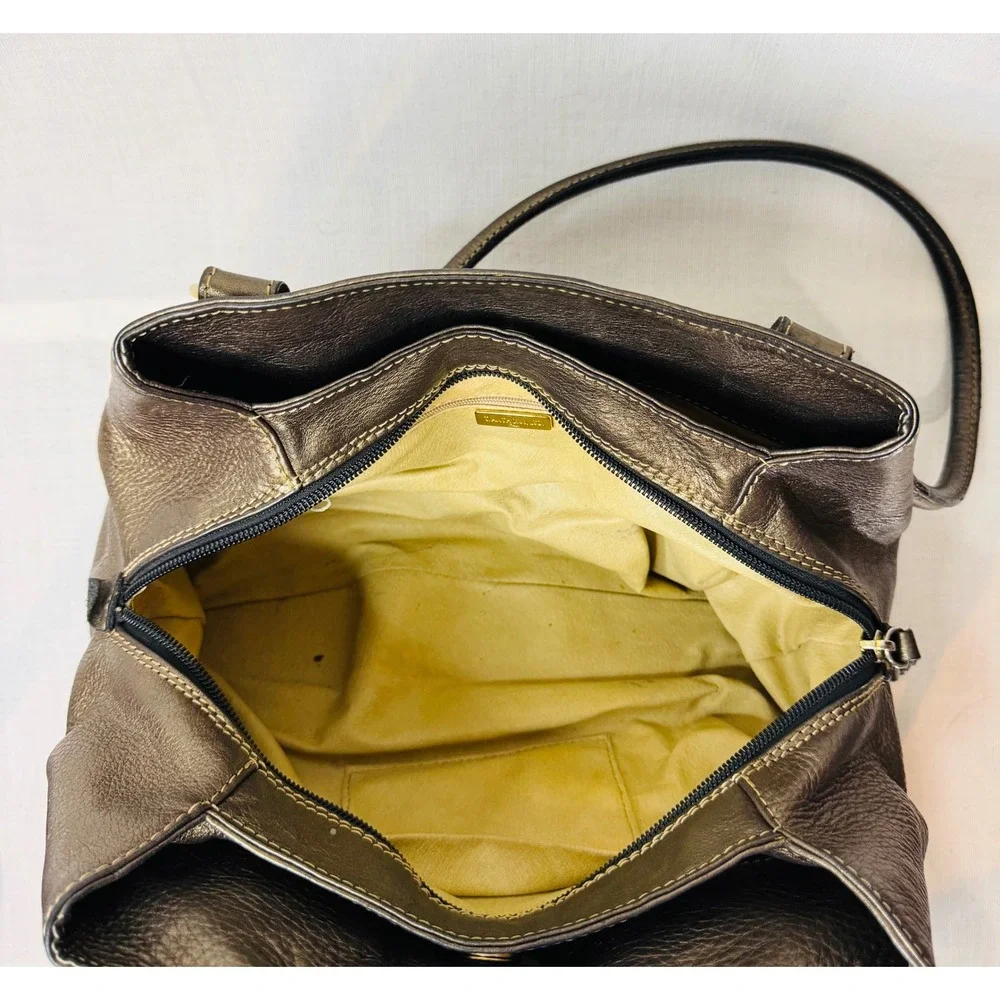 Metallic Bronze Pebbled Leather Shoulder Bag Satchel Gold Hardware Triple Pocket